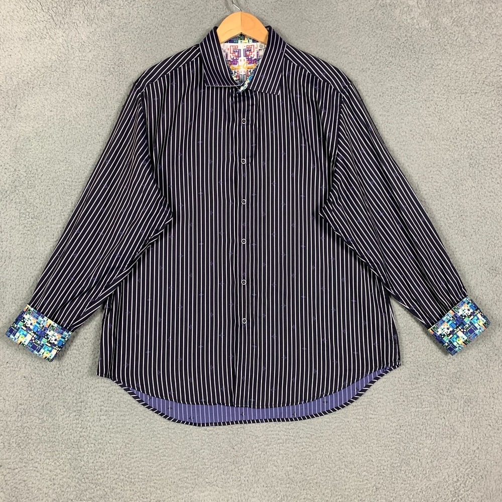 Robert Graham Shirt Men's 2XL Navy‎ Pinstripe Classic Fit Flip Cuff Quiet Luxury